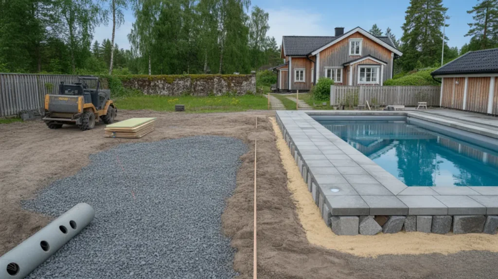 bygga pool i juni r tt markarbete f r stabil poolgrund och snygg platts ttning